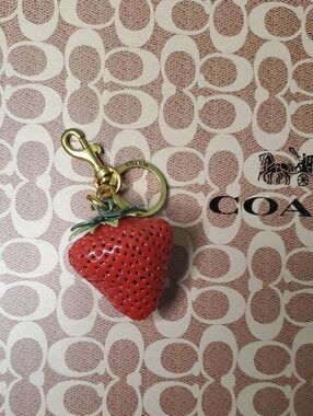 COACH Red Enamel Strawberry Charm Key Ring with Gold Hardware